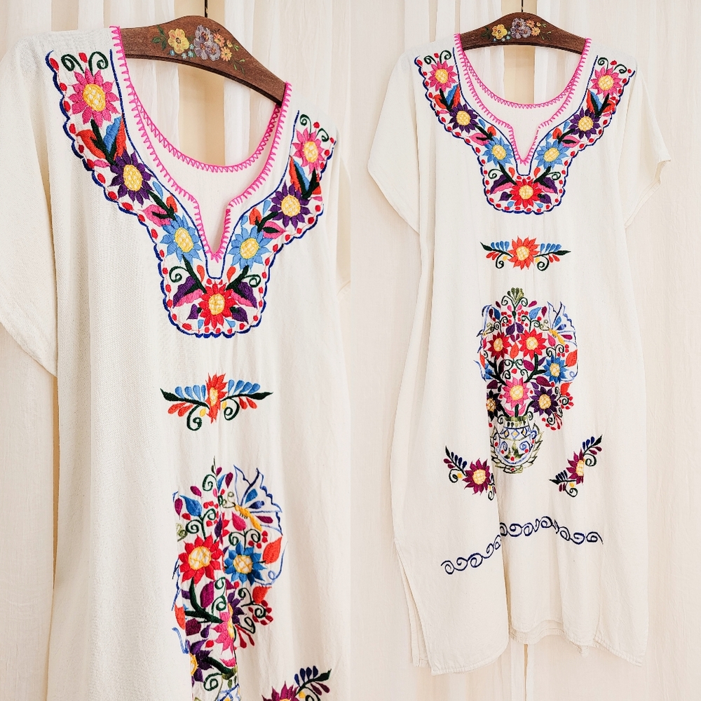 Vintage Cream Dress with Colorful Floral Embroidery